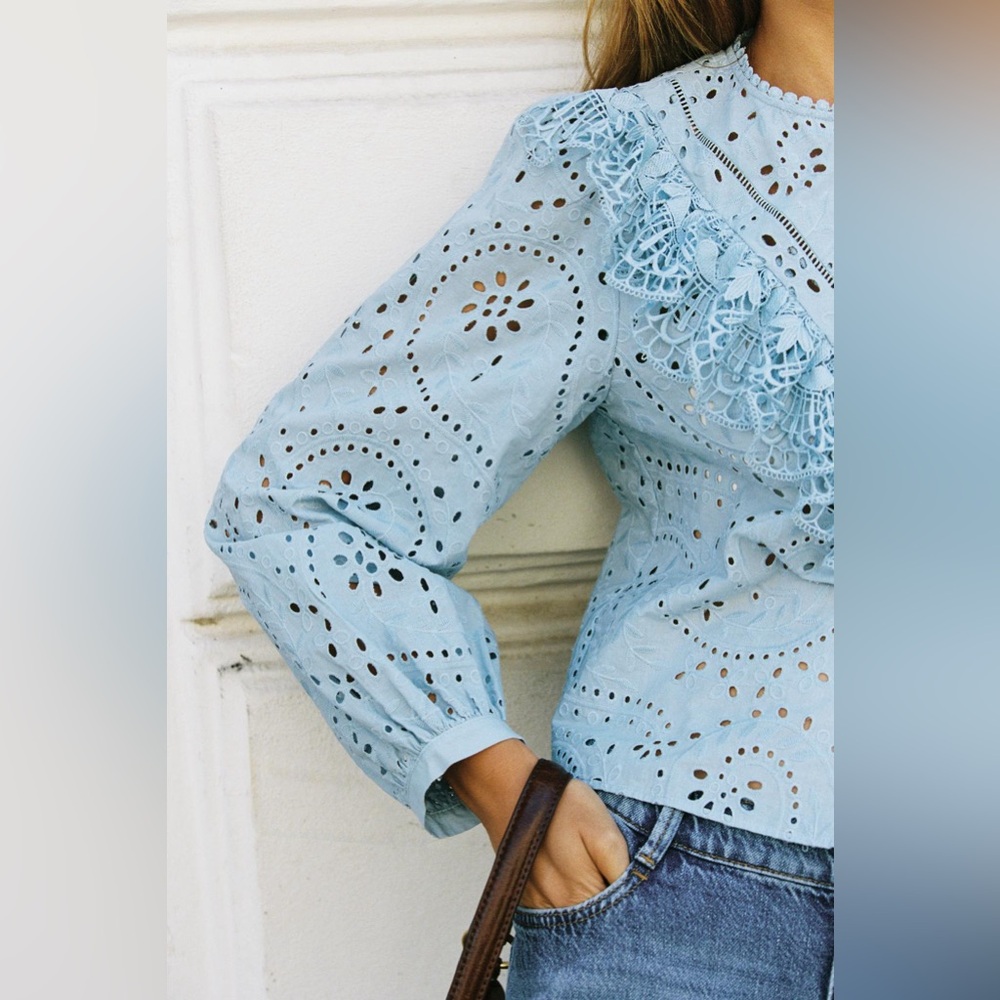 Zara Perforated Embroidery Shirt | Pastel Blue | Sz XS | NWT - Picture 4 of 10